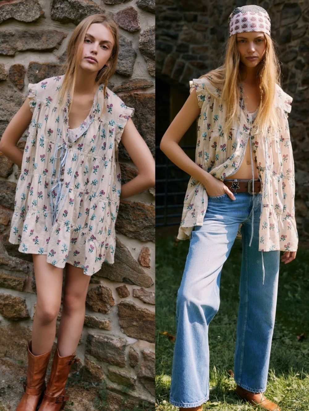 NWT‎ Free People Sundown Ivory Combo Ditsy Floral Cottagecore Boho Tunic Dress